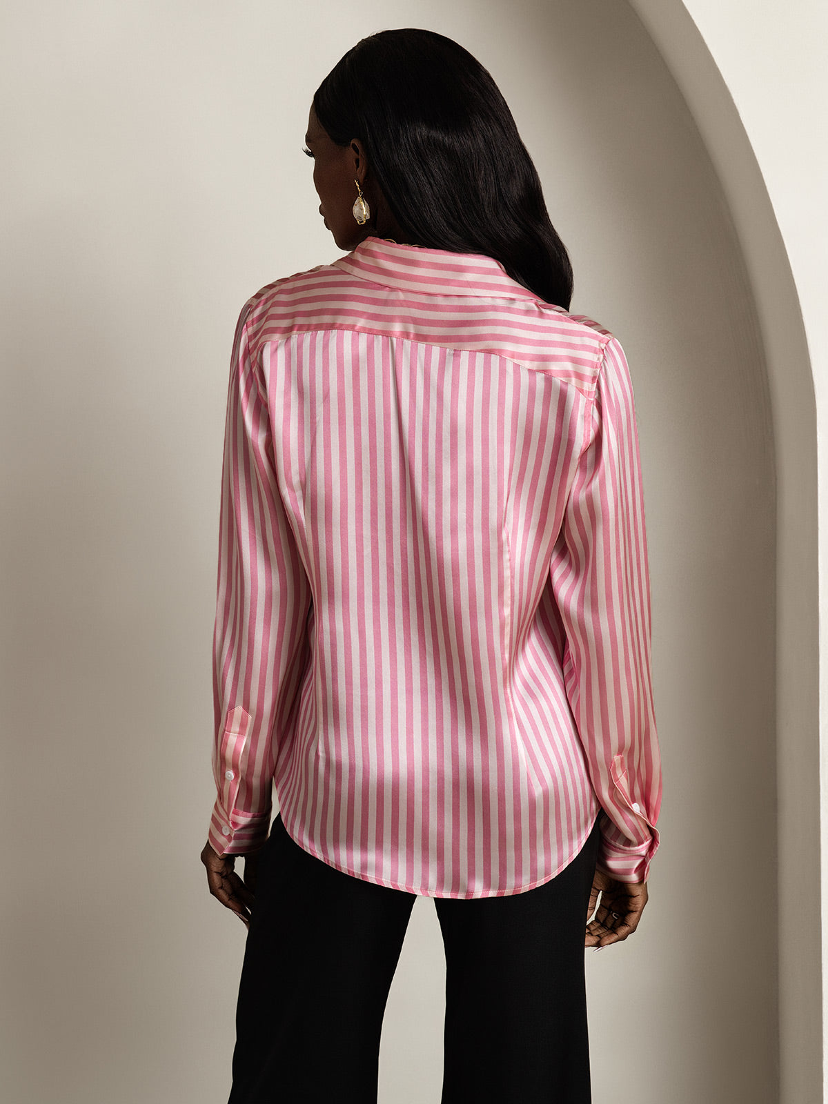 19Momme Silk Stripe Print Long Sleeve Lapel Collar Women's Shirt