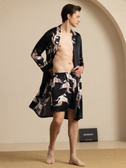 19Momme Pure Silk Men’s Knee Length Crane Printed Robe & Sleep Shorts Set