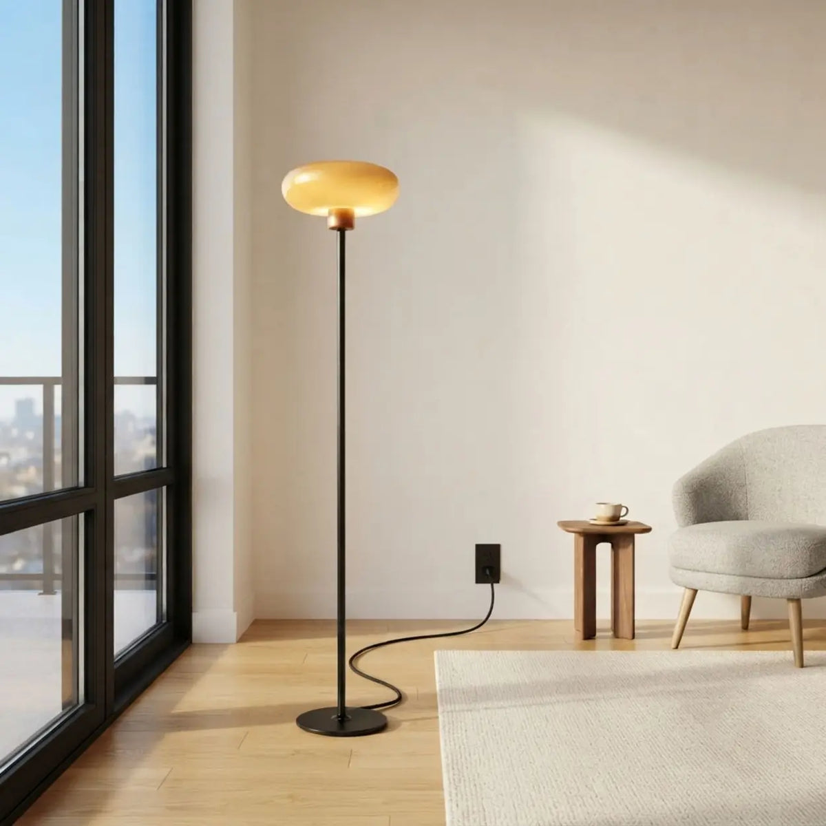 75-Inch Black Metal LED Floor Lamp with Amber Glass Shade