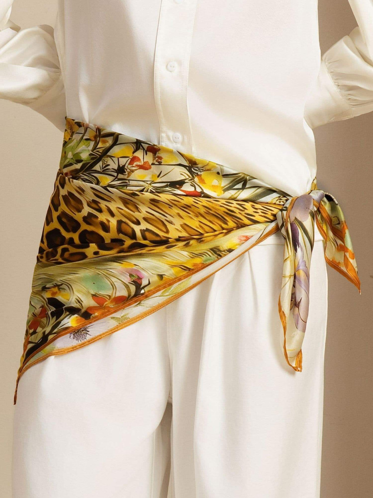 100% Mulberry Silk Leopard & Floral Scarf - Size 90x90cm
