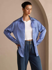 Clearance - 19Momme Silk Pinstripe Pattern Button Up Long Sleeve Women's Shirt