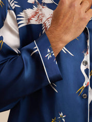19Momme 100% Mulberry Silk Men's Crane Print Long Sleeve Notch Collar Pajamas Set