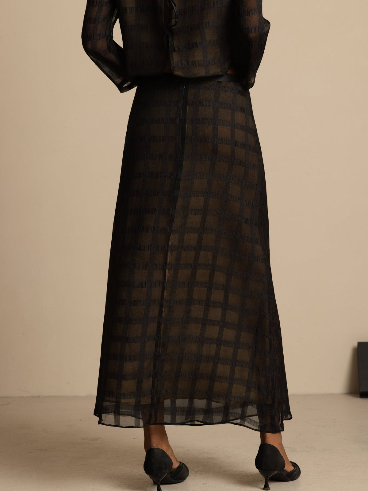 Clearance - 100% Mulberry Silk High-Waist A-Line Textured Grid Long Skirt With Back Zipper