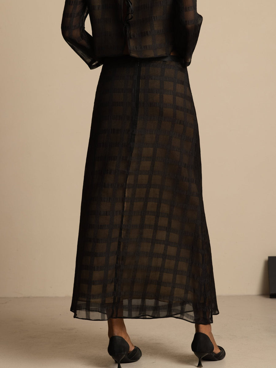 Clearance - 100% Mulberry Silk High-Waist A-Line Textured Grid Long Skirt With Back Zipper