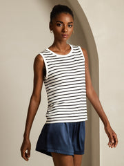 Women's 100% Mulberry Silk Round Neck Casual Stripe Print Tank Top