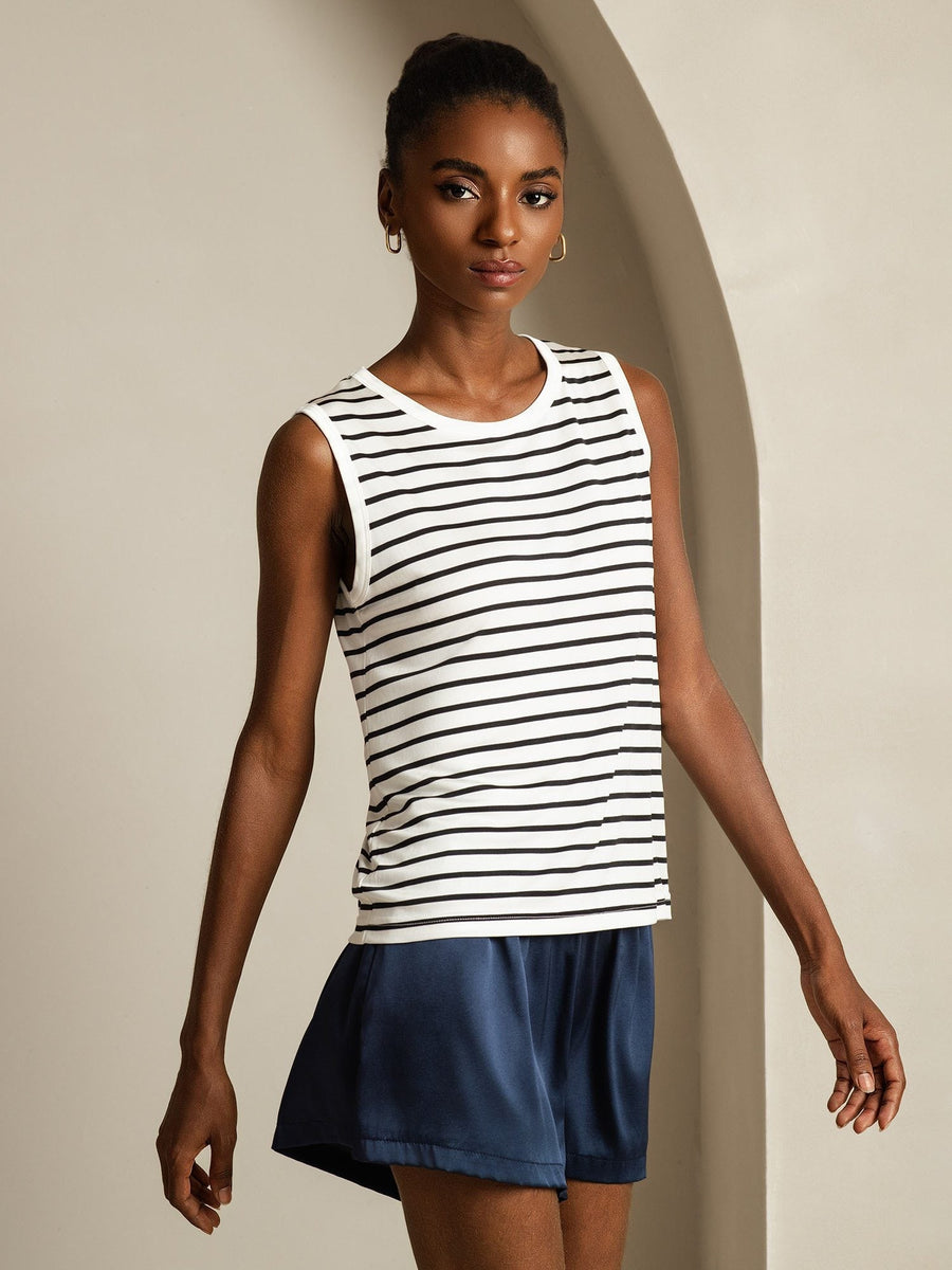 Women's 100% Mulberry Silk Round Neck Casual Stripe Print Tank Top