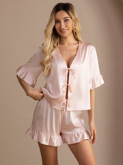 Clearance - 19Momme Silk Women's Tie-Front Ruffle Trim Short Sleeve 2Pcs Pajama Set
