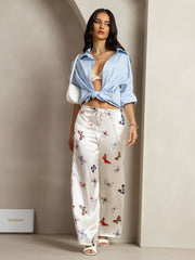 19Momme Silk Butterfly Print Wide Leg Women's Pants With Side Pockets Design