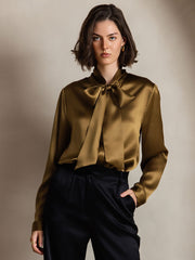 Elegant 19Momme Silk Long Sleeve Tie Neck Blouse