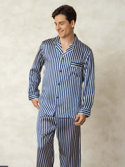 Men's 100% Mulberry Silk Stripe Print Long Sleeve Lapel Collar Pajamas Set