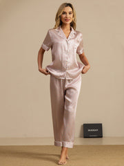 100% Mulberry Silk Geometric Print Short Sleeve Notch Collar Women's Pajamas Set With Pants