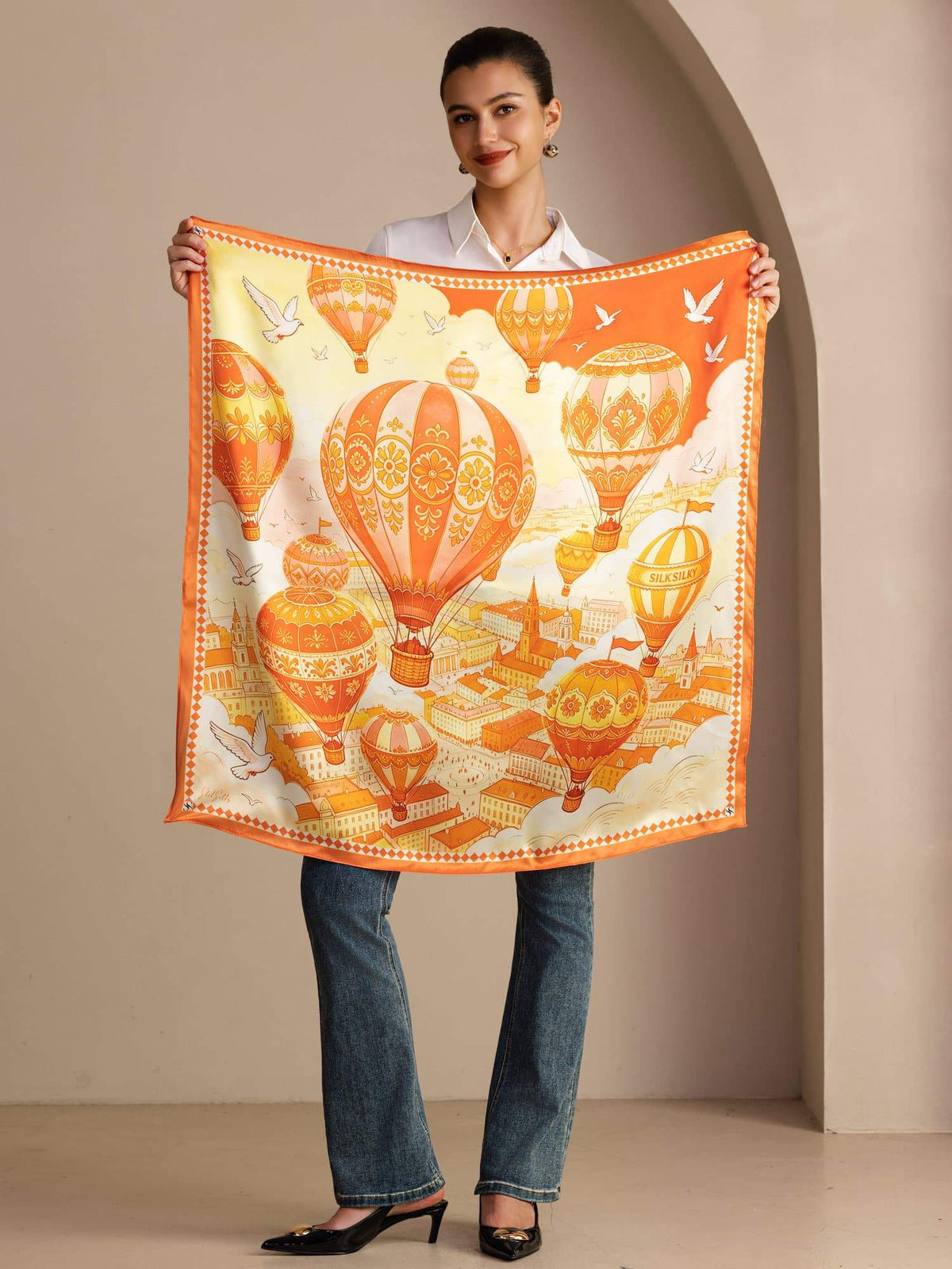 100% Mulberry Silk Hot Air Balloon Pattern Scarf - Size 90x90cm