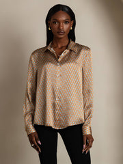19Momme Silk Geometric Print Long Sleeve Lapel Collar Women's Shirt