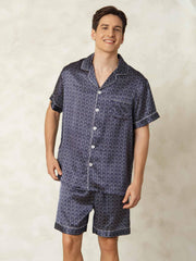 Men's 100% Mulberry Silk Ginkgo Print Short Sleeve Lapel Collar Pajamas Set