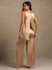 100% Mulberry Silk Sleeveless U-Neck Backless High-low Tank Top & Wide Leg Pants Set