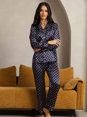 100% Mulberry Silk Chain Print Long Sleeve Lapel Collar Women's Pajamas Set