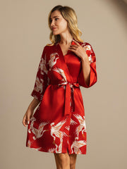 19Momme 100% Mulberry Silk Crane Print Belted Wrap Women's Kimono Robe