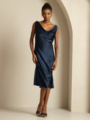 19Momme Silk Sleeveless Cowl Neck Knee Elegant Dress