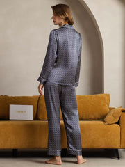 Clearance - Women's 100% Mulberry Silk Ginkgo Print Long Sleeve Lapel Collar Pajamas Set