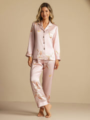 19Momme 100% Mulberry Silk Crane Print Women's Long Sleeve Notch Collar Pajamas Set