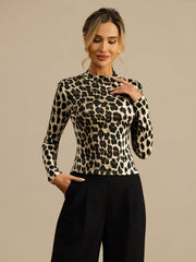 100% Mulberry Silk Wild Animal Print Women's Long Sleeve Mock Neck Top
