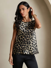 19Momme Silk Leopard Print Cap Sleeve Round Neck Women's Top