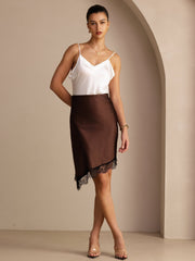 19Momme Silk High Waist Asymmetrical Lace Hem Skirt