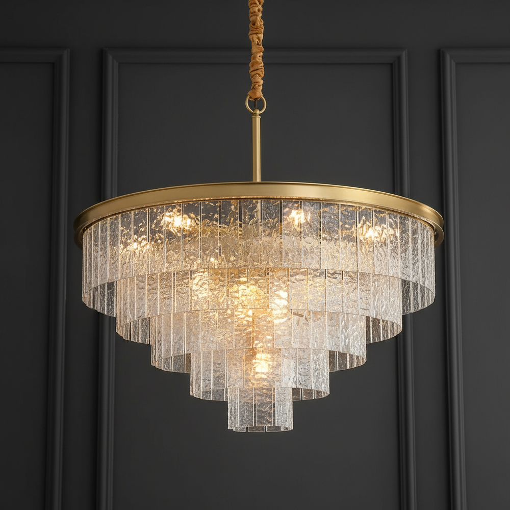 Modern Luxury Brass Downrod Tierd Glass Chandelier
