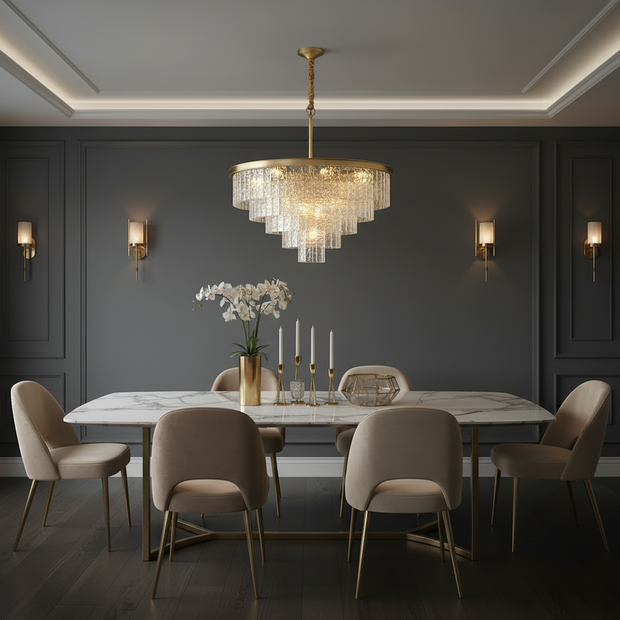Modern Luxury Brass Downrod Tierd Glass Chandelier