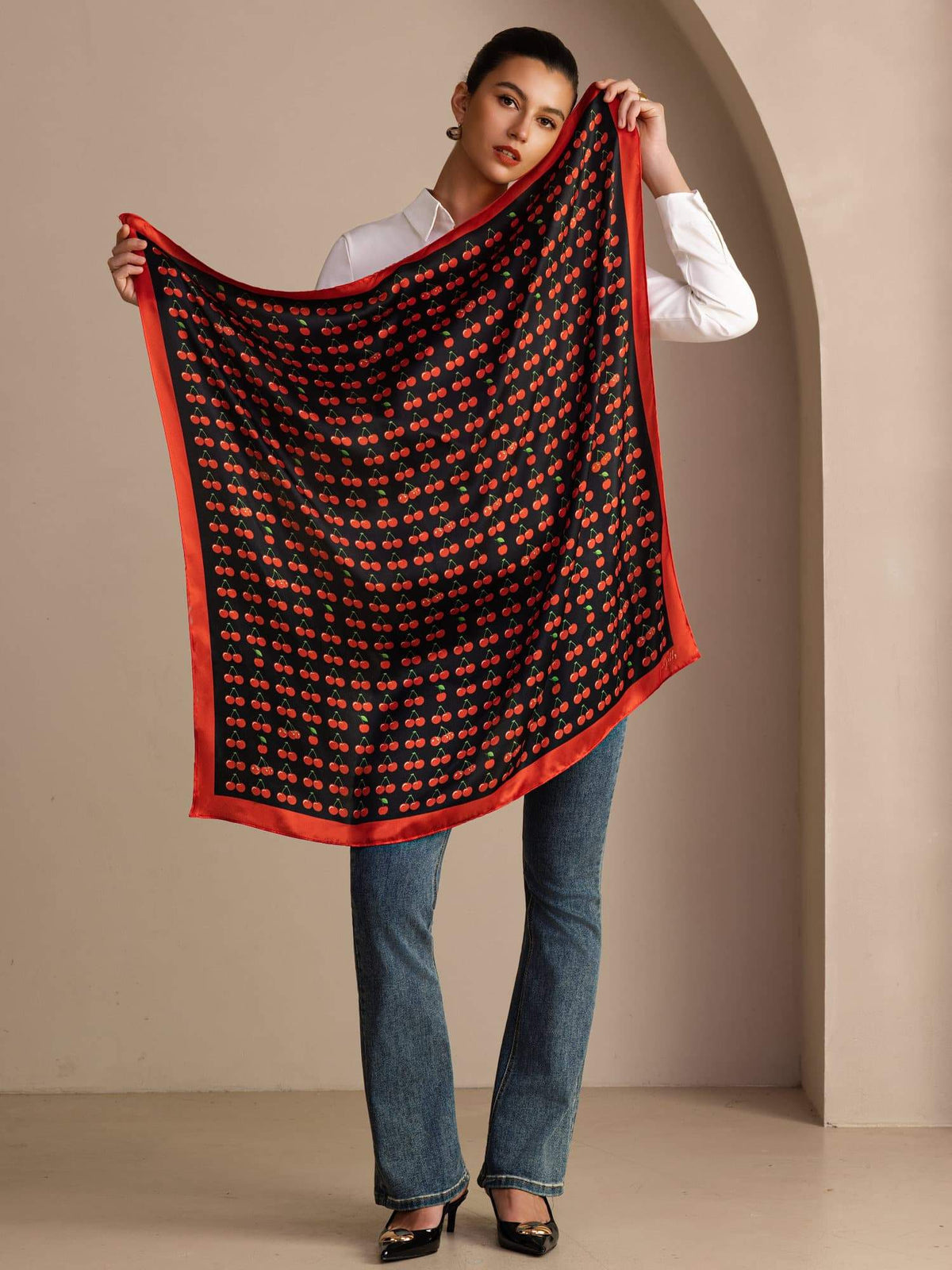 100% Mulberry Silk Cherry Pattern Scarf - Size 90x90cm