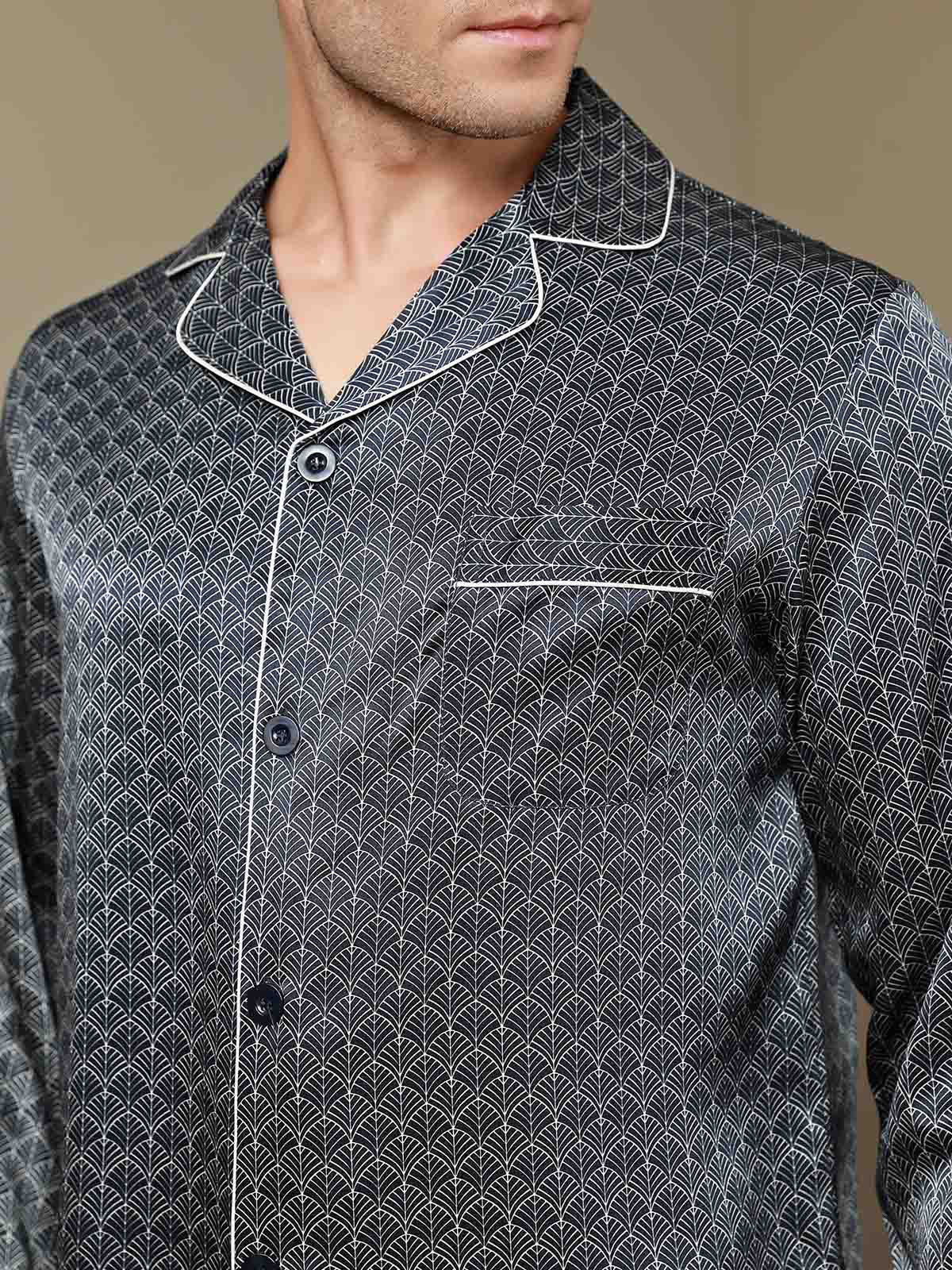 100% Mulberry Silk Ginkgo Print Long Sleeve Men's Pajamas Set With Pants