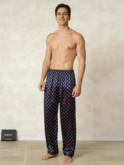Men's 100% Mulberry Silk Chain Print Sleep Pants with Elastic Waist