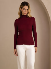 Silk-Cotton Women's Basic Turtle Neck Long Sleeve Top