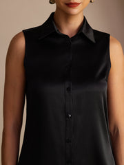 19Momme Silk Sleeveless Lapel Collar Women's Shirt with Button Up Design