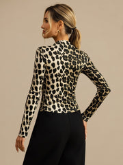 100% Mulberry Silk Wild Animal Print Women's Long Sleeve Mock Neck Top