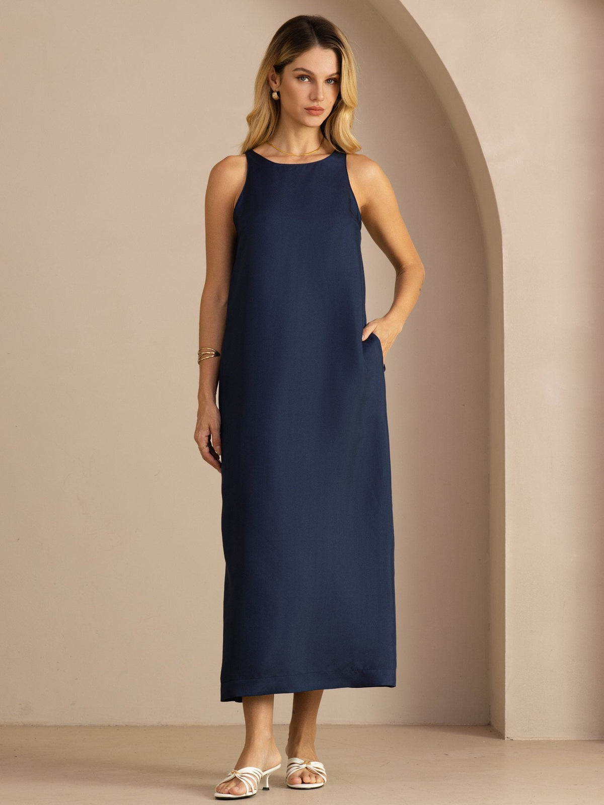 100% Mulberry Silk Crew Neck  Sleeveless Self-Tie Midi Dress