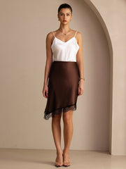 19Momme Silk High Waist Asymmetrical Lace Hem Skirt