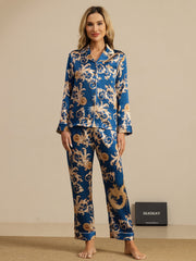 100% Mulberry Silk Dragon Print Long Sleeve Notch Collar Women's Pajamas Set With Pants