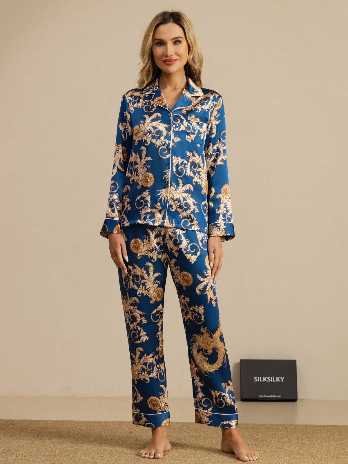 100% Mulberry Silk Dragon Print Long Sleeve Notch Collar Women's Pajamas Set With Pants