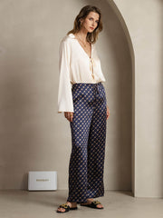 19Momme Silk Chain Print Wide Leg Women's Pants With Side Pockets Design