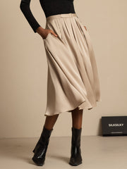 19Momme Silk High Waist A-Line Pleated Midi Skirt with Pockets