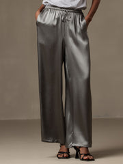 100% Mulberry Silk Wide Leg Women's Pants with Elastic Waist Design