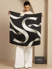 100% Mulberry Silk White Ribbon Square Scarf - Size 90x90cm