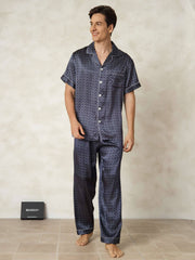 Clearance - Men's Pure Silk Navy Ginkgo Print Short Sleeve Pajamas Set with Pants
