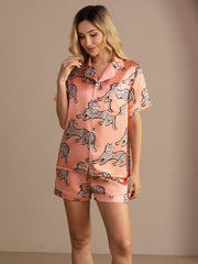 100% Mulberry Silk Women's Cat Print Short Sleeve Button Up Pajama Set
