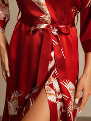 19Momme 100% Mulberry Silk Crane Print Belted Wrap Women's Kimono Robe