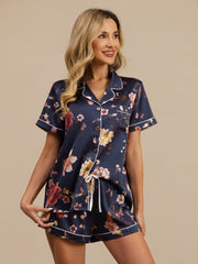 19Momme Silk Women's Navy Floral Print Short Sleeve Lapel Collar Button Up Pajamas Set