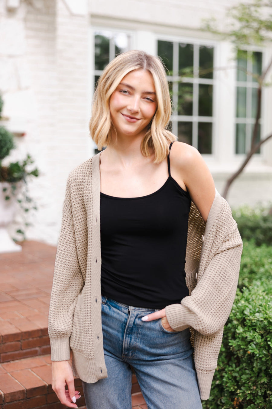 Chunky Knit Women's Waffle Cardigan in Almond