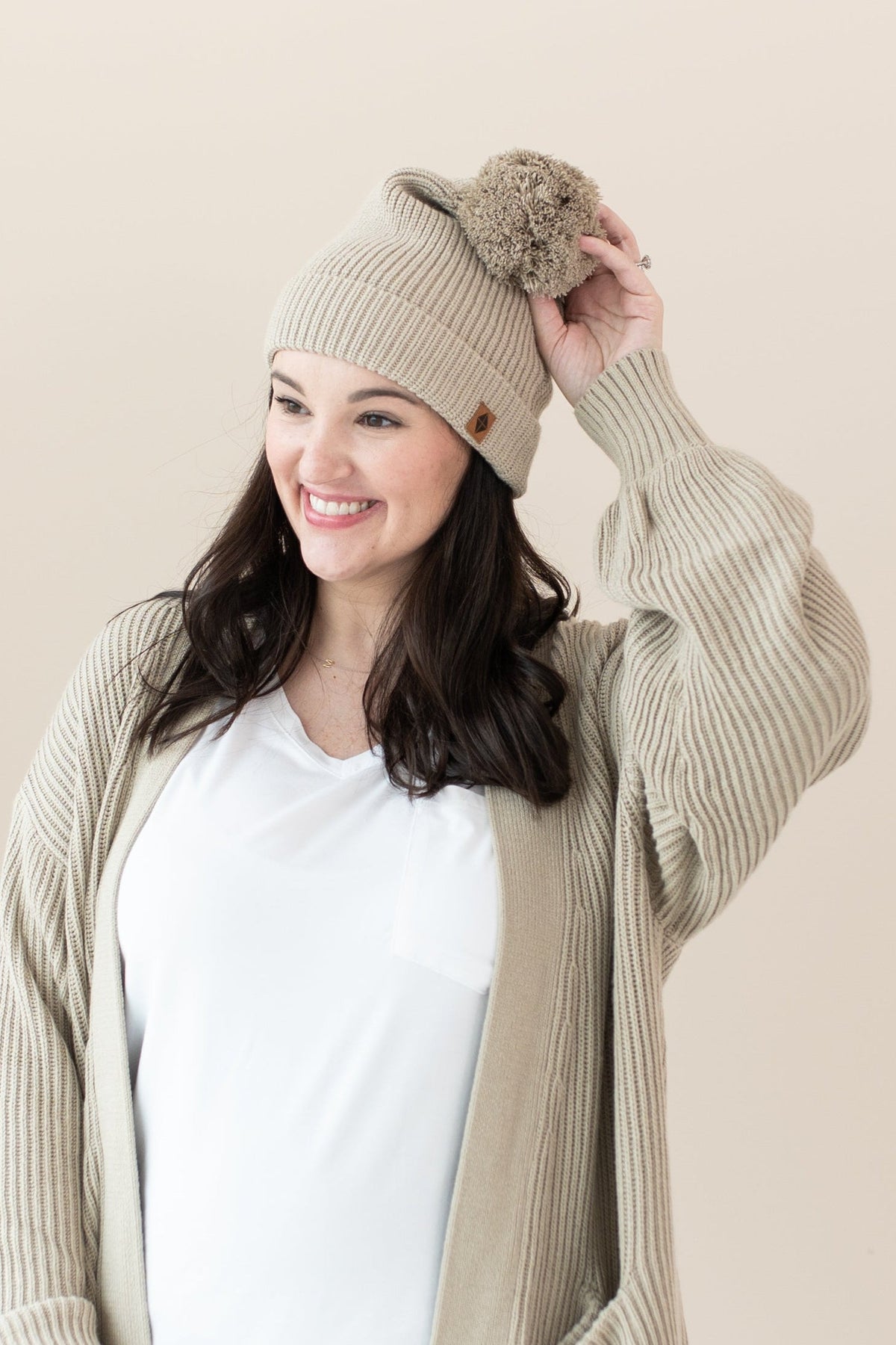 Chunky Knit Pom Beanie in Almond