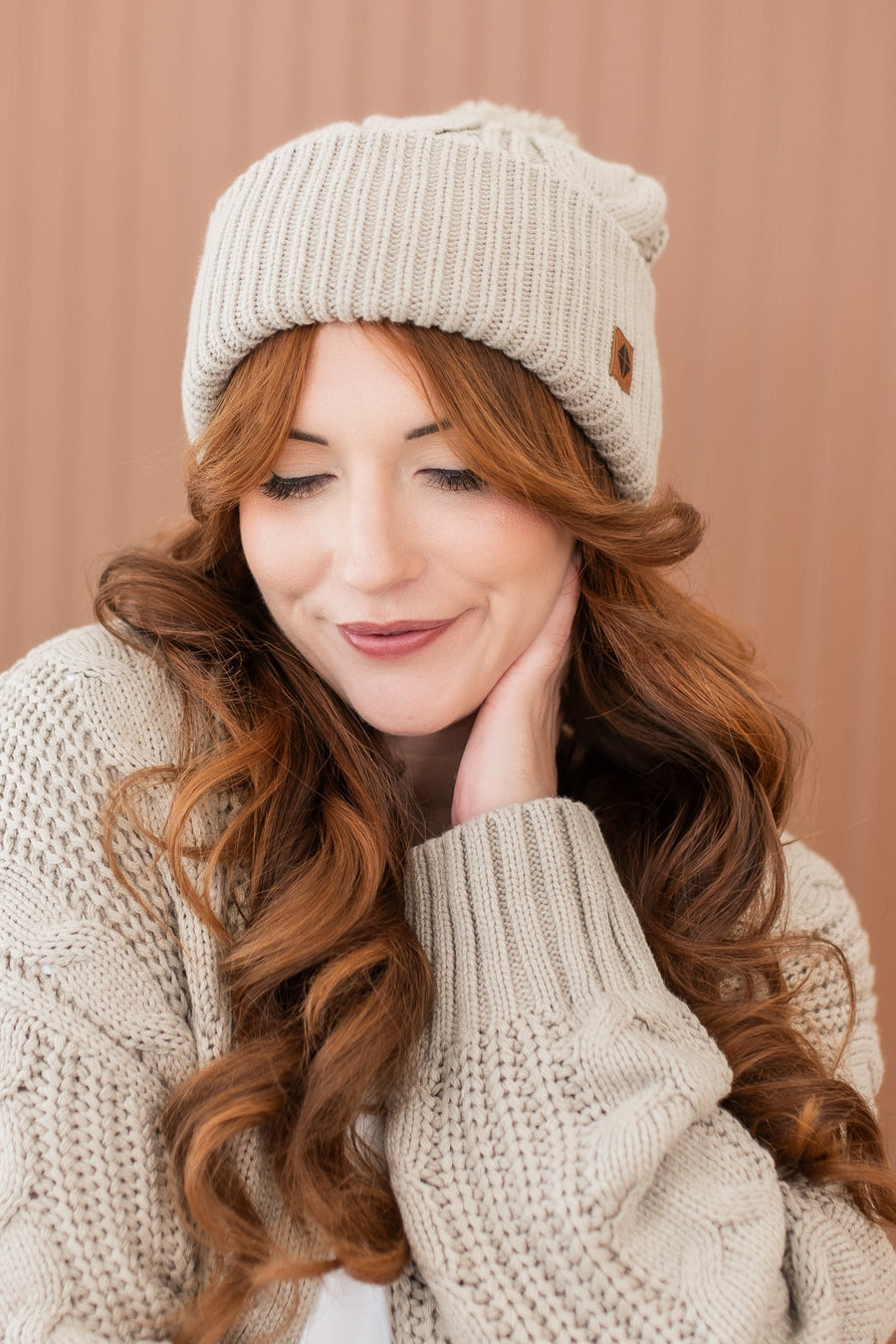 Cable Knit Pom Beanie in Almond